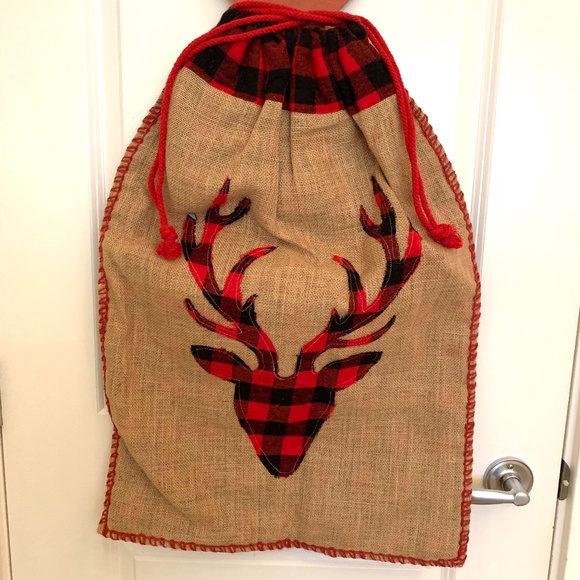 Large Festive Reindeer Burlap/ Flannel Lined Gift Bag - Picture 2 of 6